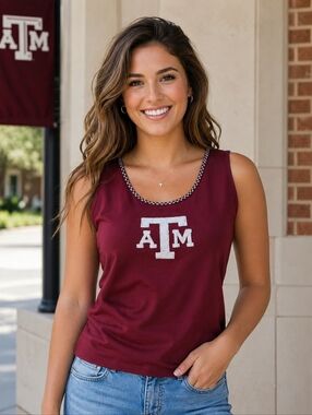Texas A&M Aggies Maroon Beaded Logo Tank Top Sz L | Game Day Cute Alumni Style